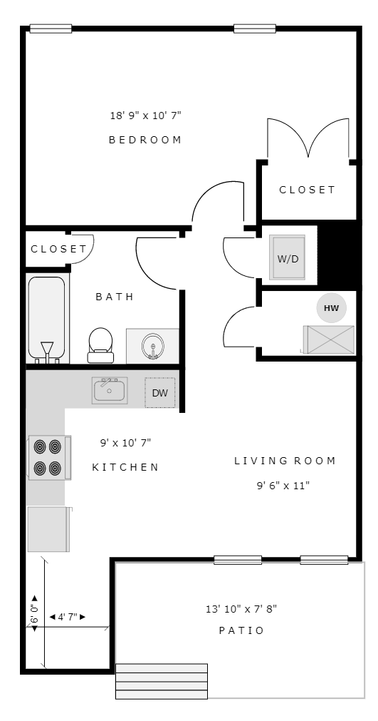 Floor plan for 1 bed, 1 bath, 600 sqft